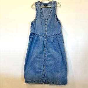 Vtg 90s 100% cotton sleeveless denim midi dress basque waist v front  M cottage